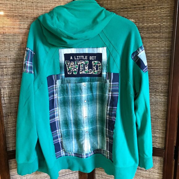 Upcycled Patchwork Hoodie, XL-1X: Grungy Zip-Up Hooded Jacket, A Little Bit Wild - Picture 9 of 11